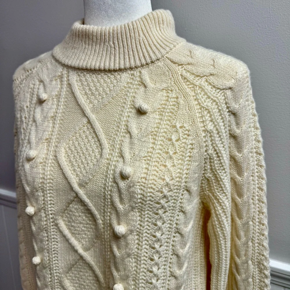 NEW J. Crew Pom-Pom Cable-Knit Pullover Crew Neck Sweater Natural Cream Small